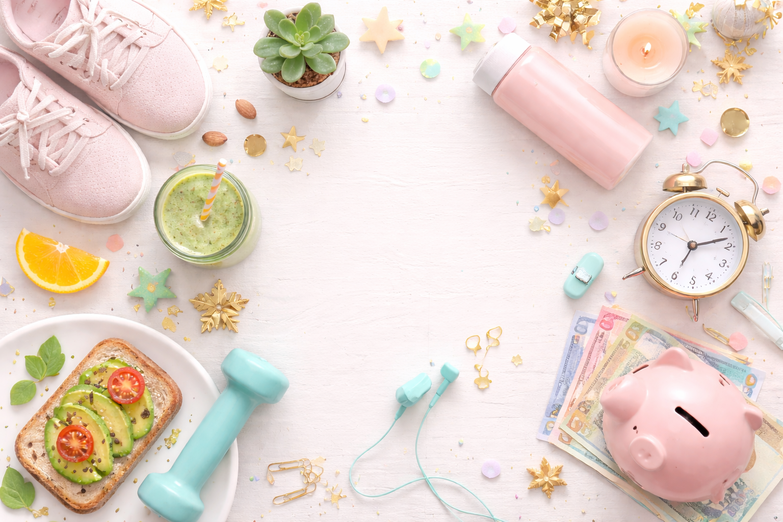 Sportschuhe, gesundes Essen, Wecker und Spraschwein auf einem pinken Hintergrund